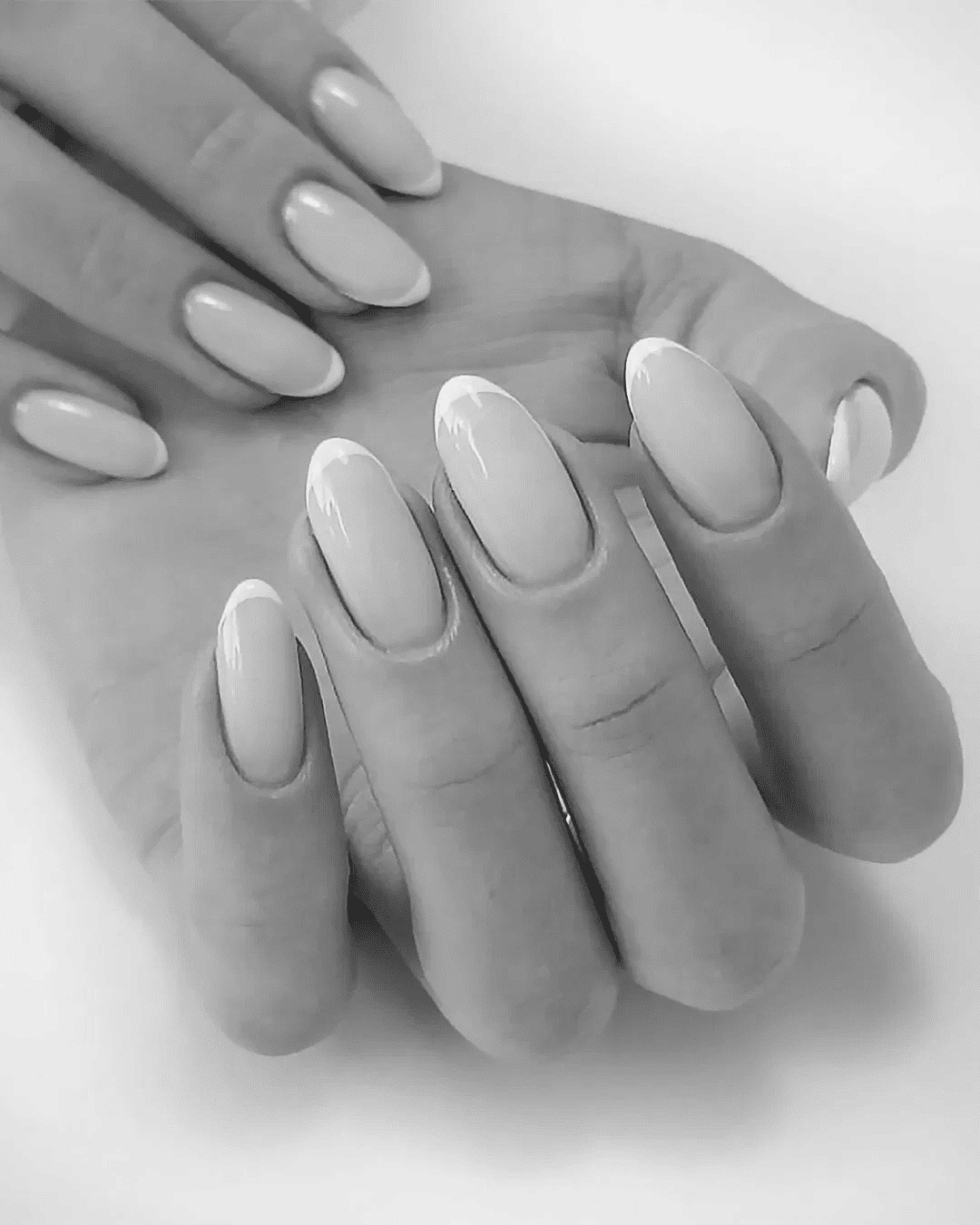 Elegant hands with perfect French manicure nails.